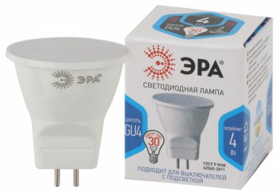 Лампа СДЛ ЭРА STD LED MR11-4Вт-840-GU4 GU4 4Вт софит нейтральный белый свет
