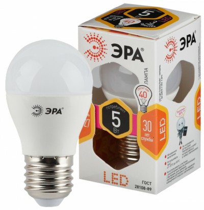 Лампа СДЛ ЭРА STD LED P45-5Вт-827-E27 E27 5Вт шар теплый белый свeт