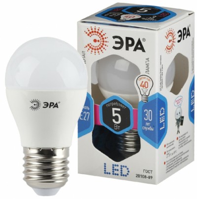 Лампа СДЛ ЭРА STD LED P45-5Вт-840-E27 E27 5Вт шар нейтральный белый свет