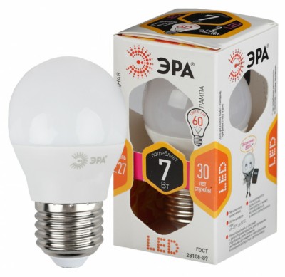 Лампа СДЛ ЭРА STD LED P45-7Вт-827-E27 E27 7Вт шар теплый белый свет
