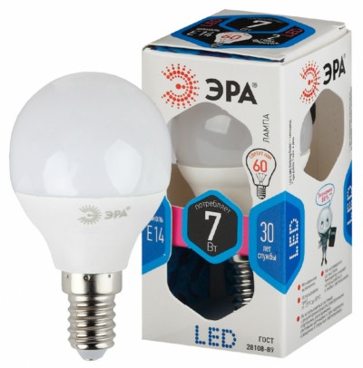Лампа СДЛ ЭРА STD LED P45-7Вт-840-E14 E14 7Вт шар нейтральный белый свет