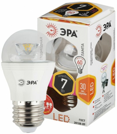 Лампа СДЛ ЭРА STD LED P45-7Вт-827-E27-Clear E27 7Вт шар теплый белый свет