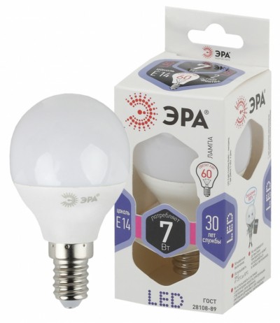 Лампа СДЛ ЭРА STD LED P45-7Вт-860-E14 E14 7Вт шар холодный дневной свет