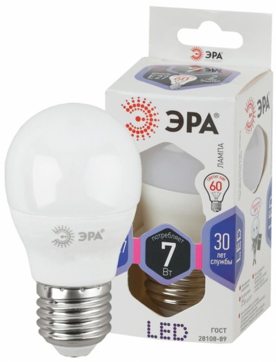 Лампа СДЛ ЭРА STD LED P45-7Вт-860-E27 E27 7Вт шар холодный дневной свет