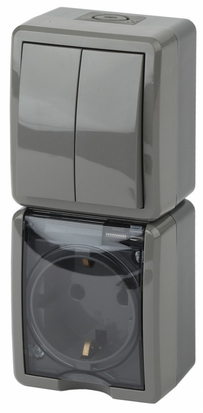 11-7408-03 Блок розетка+выкл. двойн. верт. IP54 16A(10AX)-250В ОП Эра Эксперт серый