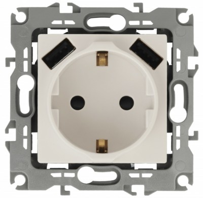 12-4109-02 ЭРА Розетка 2P+E 16A-250В штор. с 2xUSB 5В-3А 12 слоновая кость