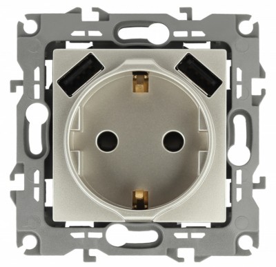 12-4109-04 ЭРА Розетка 2P+E 16A-250В штор. с 2xUSB 5В-3А 12 шампань
