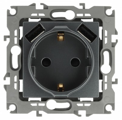 12-4109-12 ЭРА Розетка 2P+E 16A-250В штор. с 2xUSB 5В-3А 12 графит
