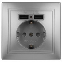 1-410-03 Intro Розетка+USB IP20 СП Plano алюминий