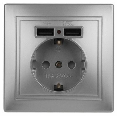 1-410-03 Intro Розетка+USB IP20 СП Plano алюминий