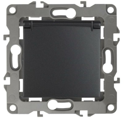 Розетка 1-м СП 12 12-2103-05 16А IP20 16AX 250В 2P+E Schuko защ. шторки с крышкой механизм антрацит Эра Б0014697