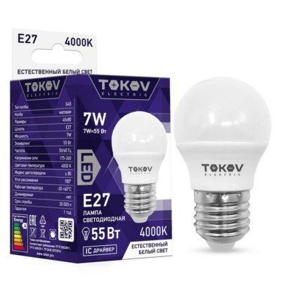 Лампа СДЛ 7Вт G45 4000К Е27 176-264В Tokov Electric TKE-G45-E27-7-4K