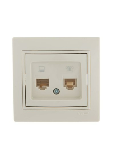 Розетка ПК + ТФ 2-м СП Mira RJ45 + RJ11 крем./крем.. Lezard 701-0303-143