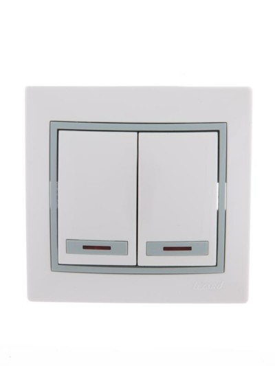 Выключатель 2кл. СП Mira 10А IP20 с инд. с сер. вставкой бел. Lezard 701-0215-112