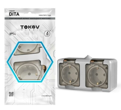 Розетка 2-м ОП Dita 16А IP54 250В с/з с прозрачн. крышкой сер.Tokov Light TKL-DT-R2Z-C06T-IP54