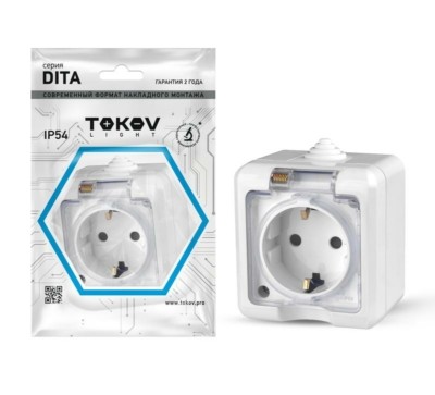 Розетка 1-м ОП Dita 16А IP54 250В с/з с прозрачн. крышкой бел. Tokov Light TKL-DT-R1Z-C01T-IP54