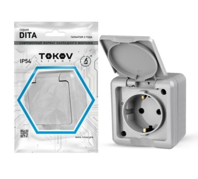 Розетка 1-м ОП Dita 16А IP54 250В с/з с крышкой сер. Tokov Light TKL-DT-R1Z-C06-IP54