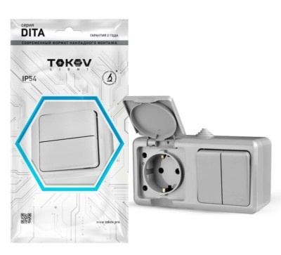 Блок ОП Dita розетка 16А 250В с/з 2-кл. выкл. 10А IP54 сер. Tokov Light TKL-DT-V2RZ-C06-IP54