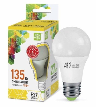 Лампа СДЛ LED-A60-standard 15Вт грушевидная 3000К тепл. бел. E27 1350Лм 160-260В ASD 4690612002088