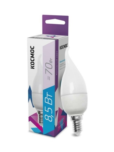 Лампа СДЛ CW 8.5Вт свеча на ветру 6500К холод.бел. E14 220В Космос LkecLED8.5wCWE1465