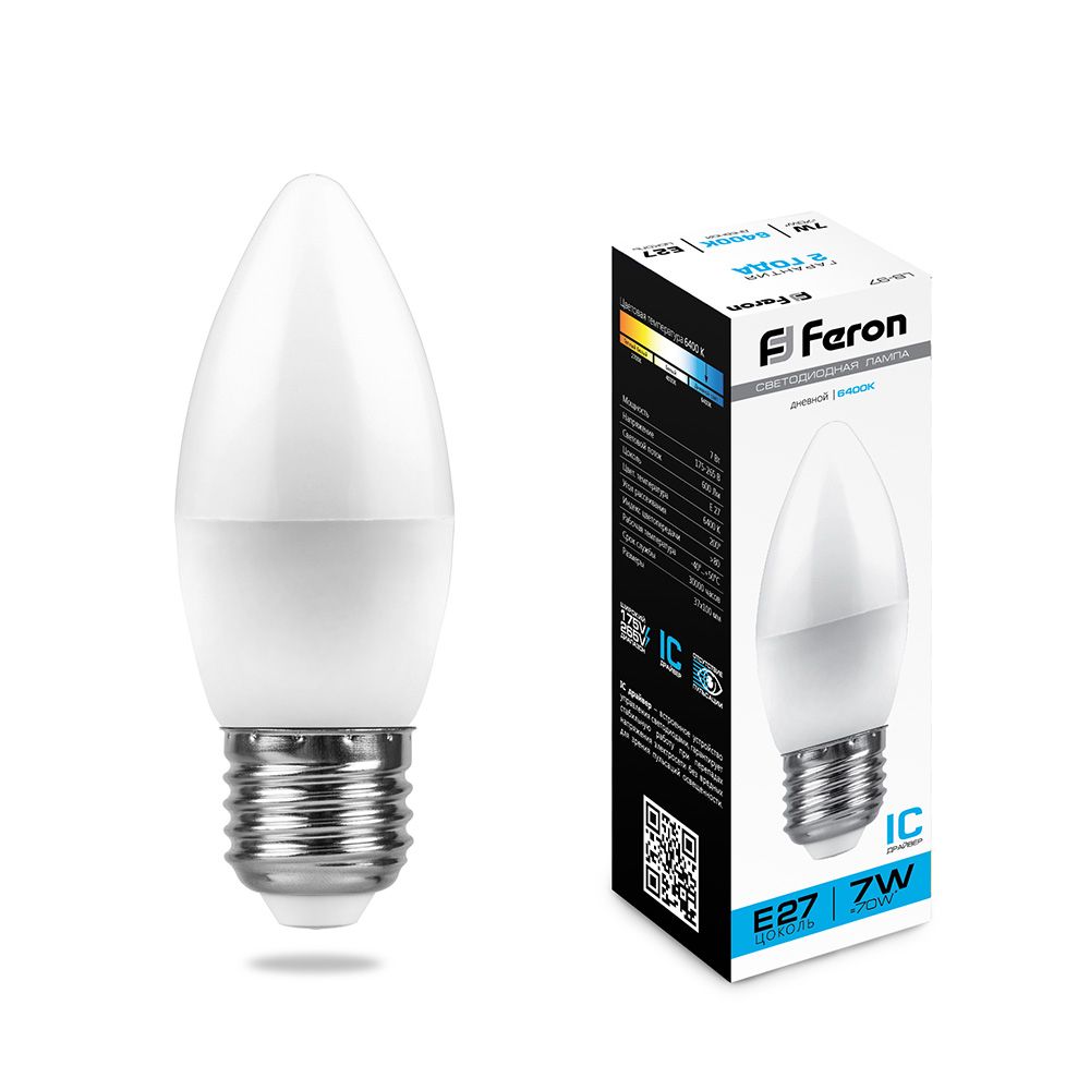 Лампа СДЛ Feron LB-97 Свеча E27 7W 6400K — изображение 2
