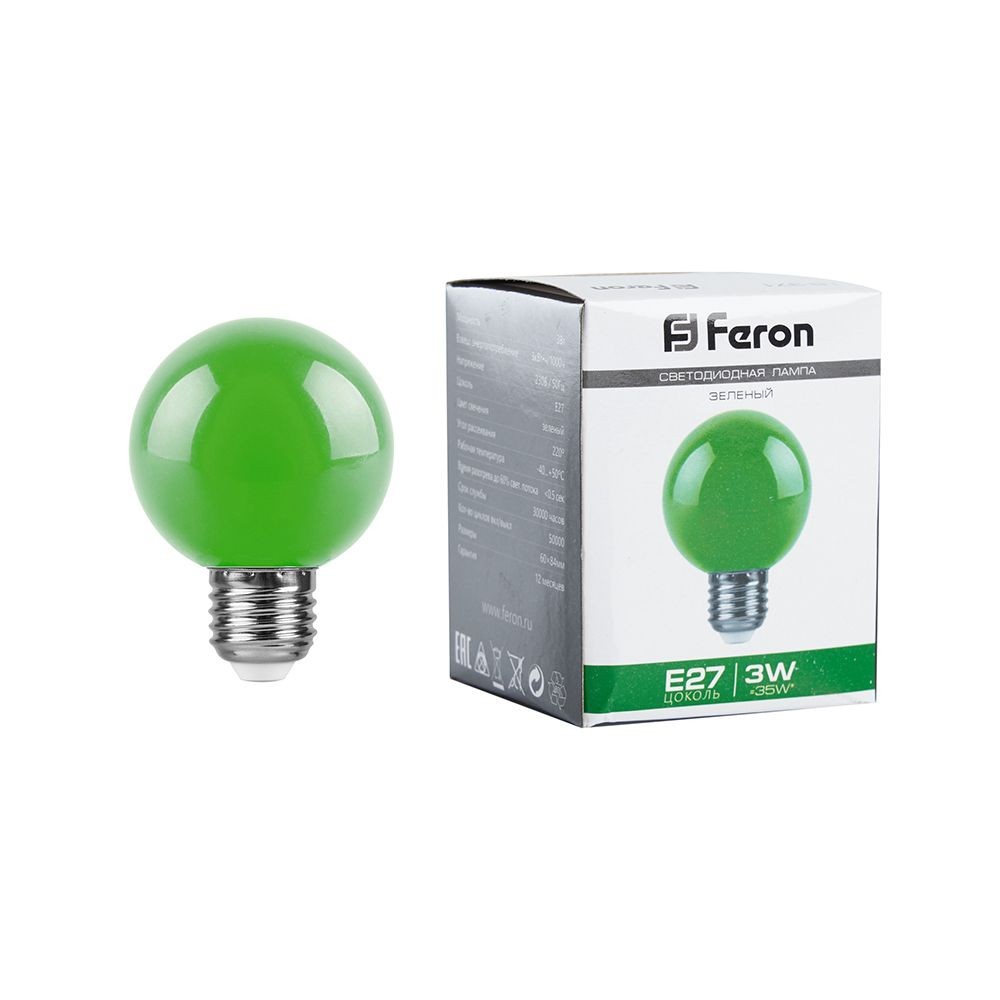 Лампа СДЛ Feron LB-371 Шар E27 3W зеленый
