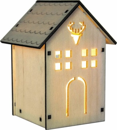 деревянная световая фигура на батарейках “Домик с оленем” теплый белый 1LED 8×8.5×11.5см артикул 32091