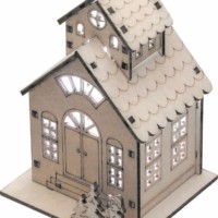 деревянная световая фигура на батарейках”Домик 2х-этажный со снеговиком” RGB 1LED 8×7.5×11.5см артикул 32094