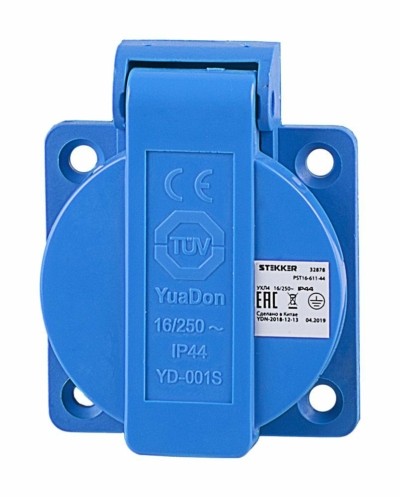 Розетка панельная 1-местная с/з Stekker PST16-611-44 с крышкой с защитными шторками нейлон/латунь 250В 16А IP44 синий