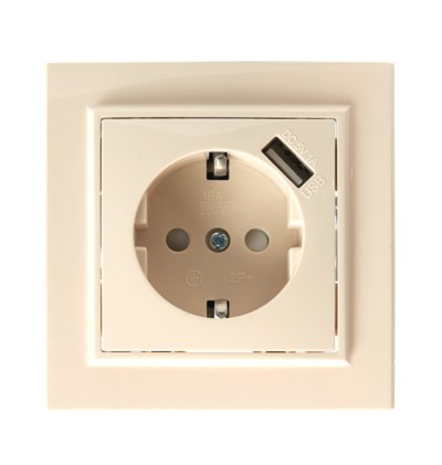 Розетка 1-местная с/з Stekker PST16-9011-02 250В 16А с защитной шторкой и с USB Эрна слоновая кость