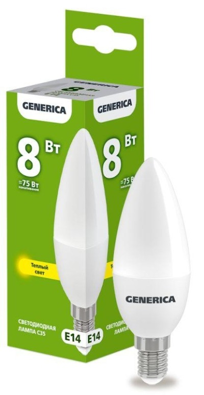 Лампа СДЛ C35 8Вт свеча 3000К E14 230В IEK Generica LL-C35-08-230-30-E14-G