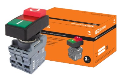 Кнопка двойная MPD13-11R (зеленая/красная-выступающая) (LED) в сборе d22мм/220В (I/O) линза красная TDM