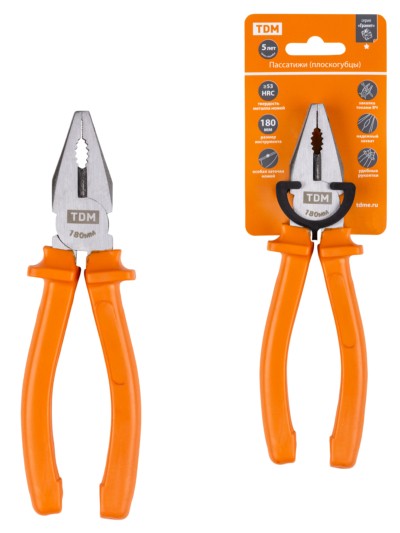 Пассатижи (плоскогубцы), с пластиковыми рукоятками, углеродистая сталь, 180 мм, серия “Гранит” TDM