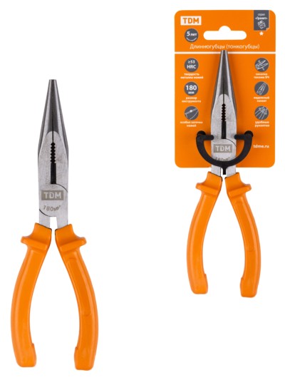 Длинногубцы (тонкогубцы), с пластиковыми рукоятками, углеродистая сталь, 180 мм, серия “Гранит” TDM