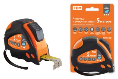 Рулетка 5 м х 19 мм, тройная фиксация, автостоп, обрезиненный корпус, магнит, “Алмаз” TDM