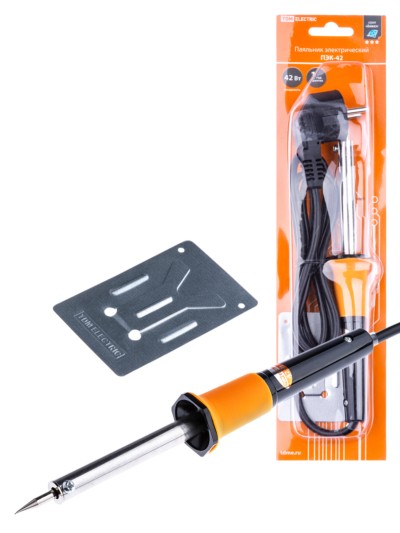 Паяльник ПЭК-42, 42 Вт, 230В, керам. ТЭН, долговечное жало с заземл., прорезин. ручка, “Алмаз” TDM