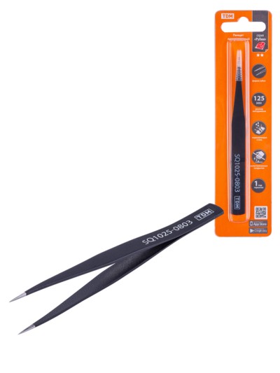 Пинцет прецизионный прямой 125 мм, острое жало, нерж., антистатич. покр., блистер, “Рубин” TDM