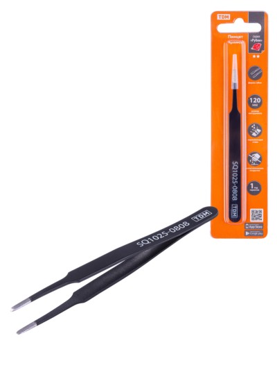 Пинцет прямой 120 мм, плоское жало 3 мм, нерж., антистатич. покр., блистер, “Рубин” TDM