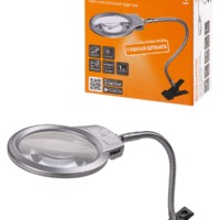 Лупа настольная круглая, d 105 мм, 2-х/5-ти крат. увел., клипса, гиб. штанга, LED подсв., 3хААА, TDM