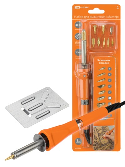 Набор для выжигания “Мастер”, паяльник 30 Вт, 230 В, 9 декоративных насадок, подставка, блистер, TDM