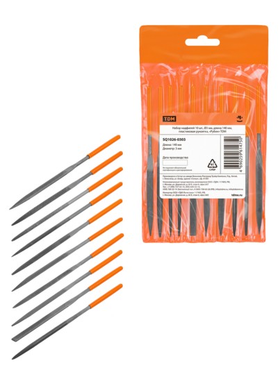 Набор надфилей 10 шт, Ø3 мм, длина 140 мм, пластиковая рукоятка, “Рубин” TDM