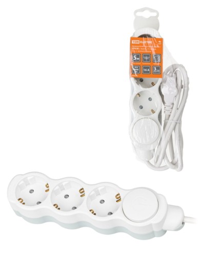 Удлинитель сетевой Люкс УЛ03В с выкл. 3-м 5м с/з с з/ш ПВС 3х1мм2 16А/250В бело-серый TDM