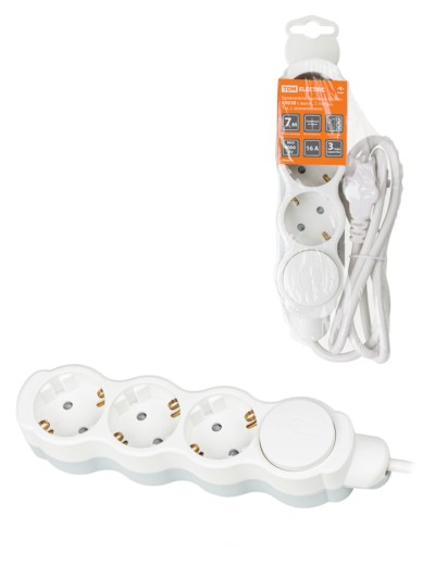 Удлинитель сетевой Люкс УЛ03В с выкл. 3-м 7м с/з с з/ш ПВС 3х1мм2 16А/250В бело-серый TDM