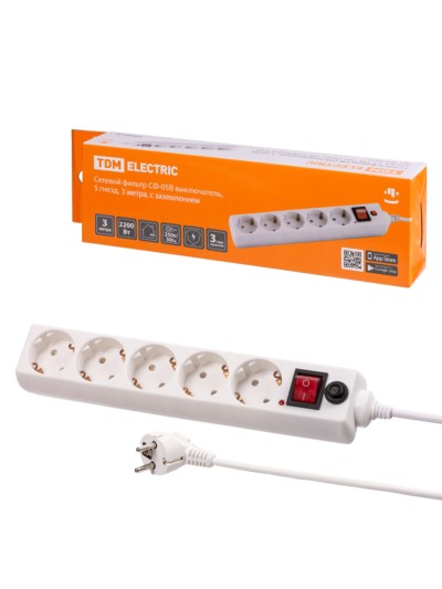 Удлинитель сетевой с фильтром СФ-05В с выкл. 5-м 3м с/з ПВС 3х0,75мм2 10А/250В белый TDM