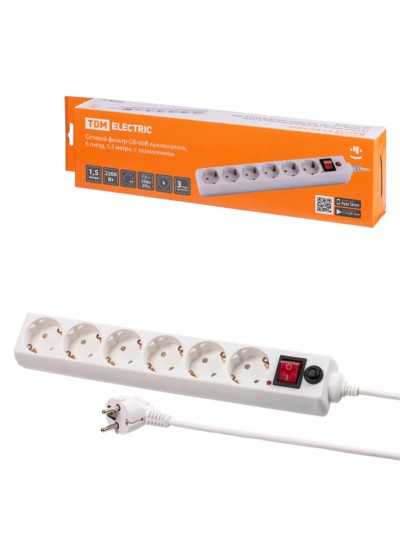 Удлинитель сетевой с фильтром СФ-06В с выкл. 6-м 1.5м с/з ПВС 3х0,75мм2 10А/250В белый TDM
