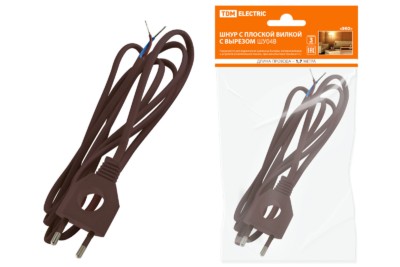 Шнур с плоской вилкой с вырезом ШУ04 ШВВП 2х0,75мм2 1,7 м. коричневый “ЭКО” TDM