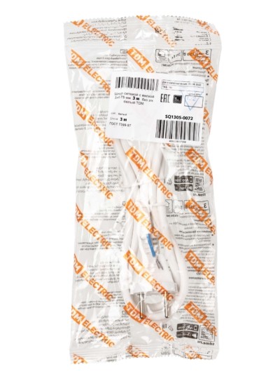 Шнур сетевой с вилкой ПВС-ВП 2x0,75мм2 3м б/з белый TDM — изображение 3