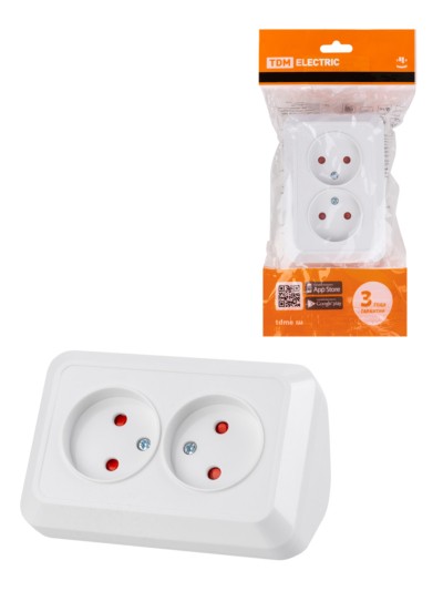 Розетка угловая двойная 2П открытой установки с з/ш IP20 250В 10А белая “Ладога” TDM