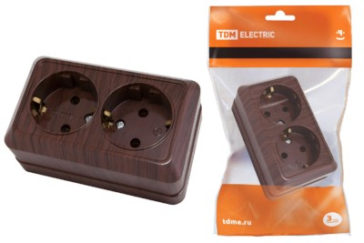 Розетка двойная 2П+З открытой установки IP20 16А, бук “Ладога” TDM