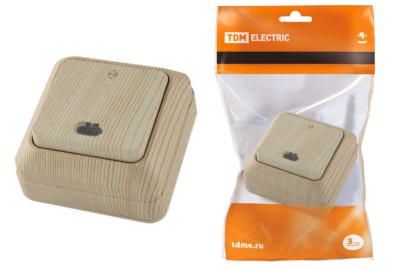 Переключатель на 2 направления 1-кл. открытой установки с подсветкой IP20 10А, сосна “Ладога” TDM